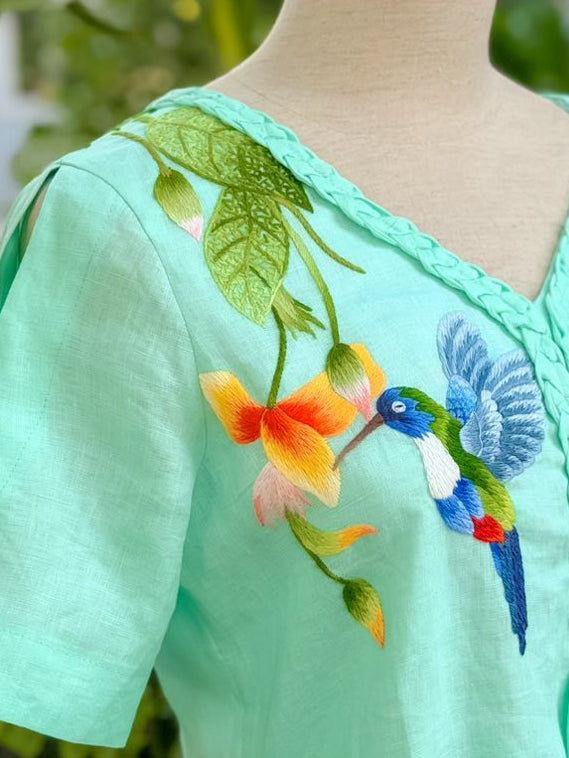 The humming bird embroidered linen dresses