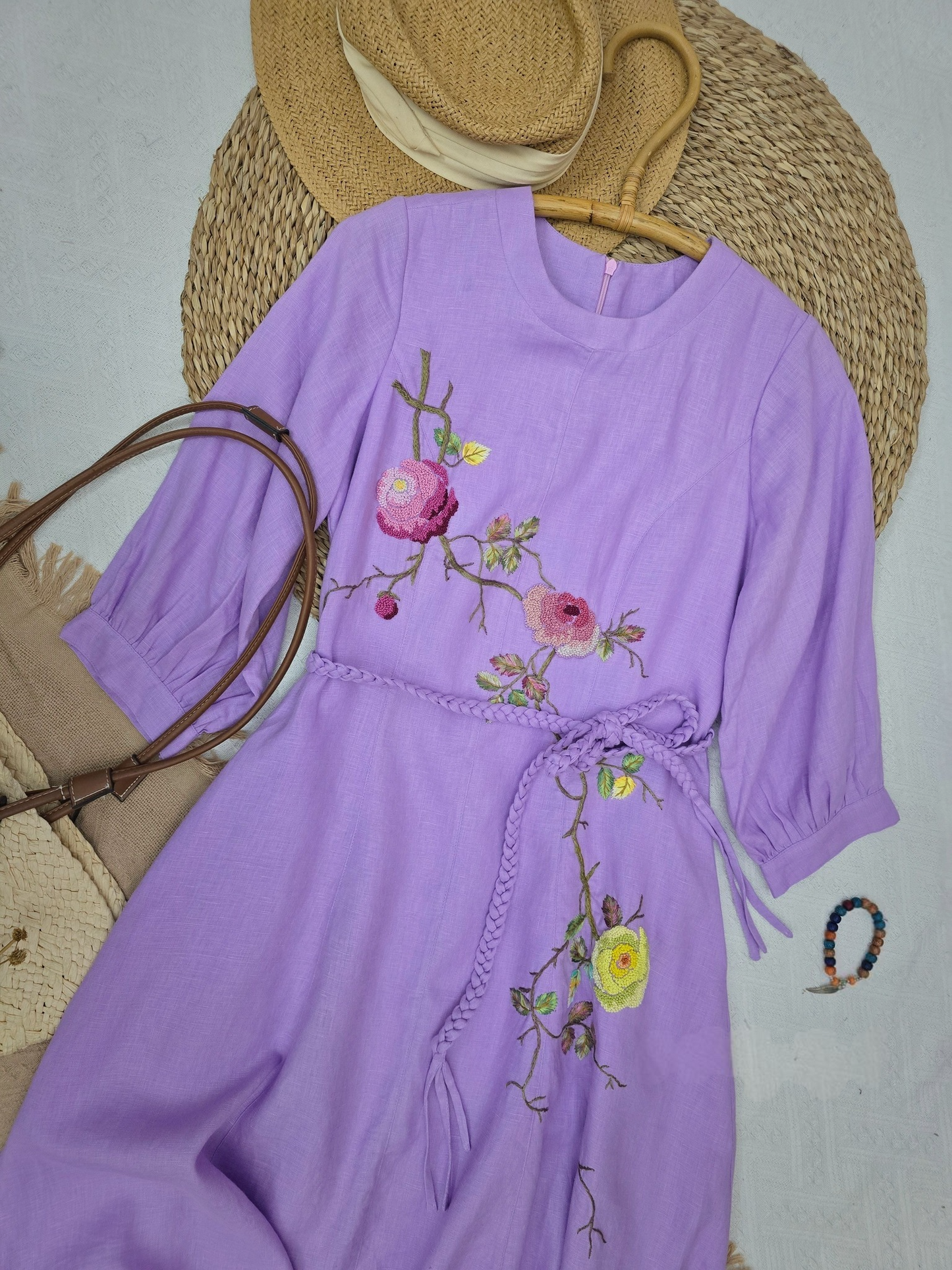 The floral embroidered pure linen dress