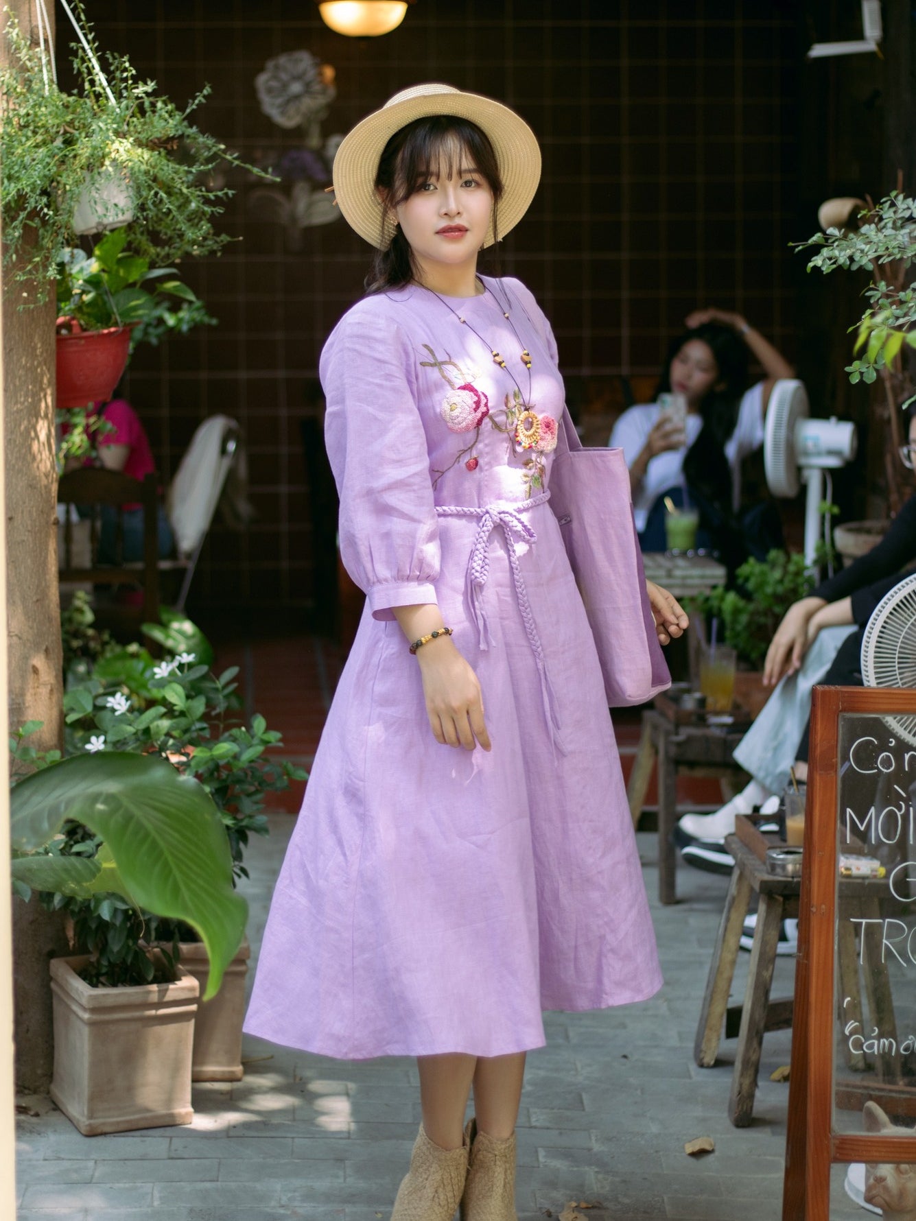 The floral embroidered pure linen dress