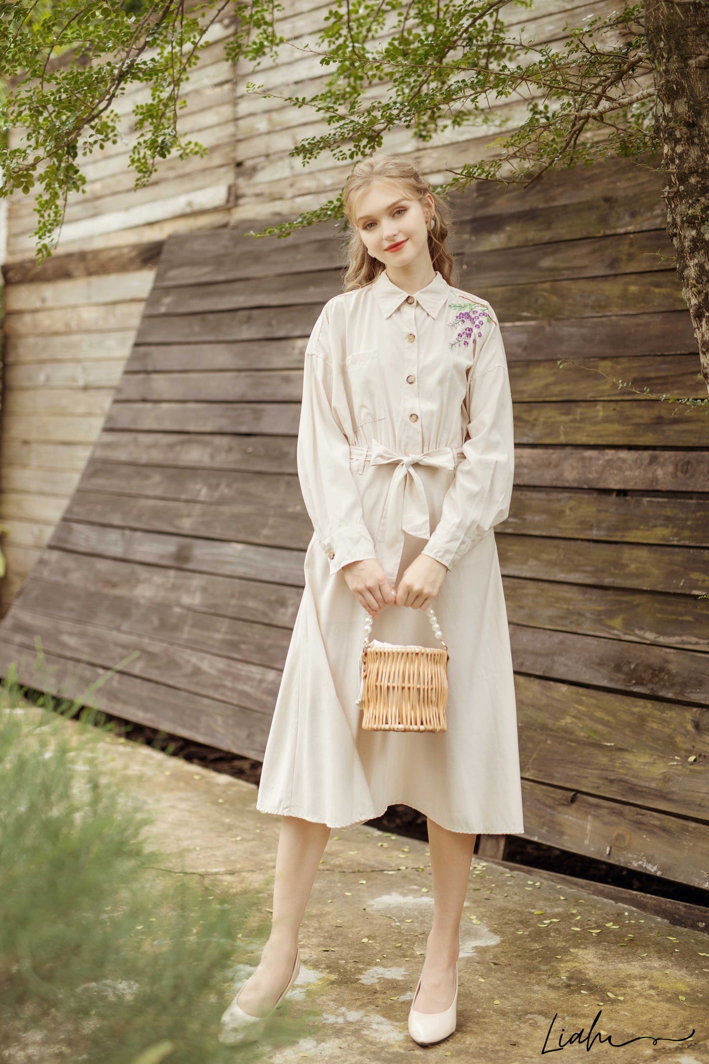 The purple wisteria embroidered cotton dress