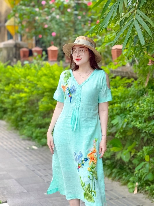 The humming bird embroidered linen dresses