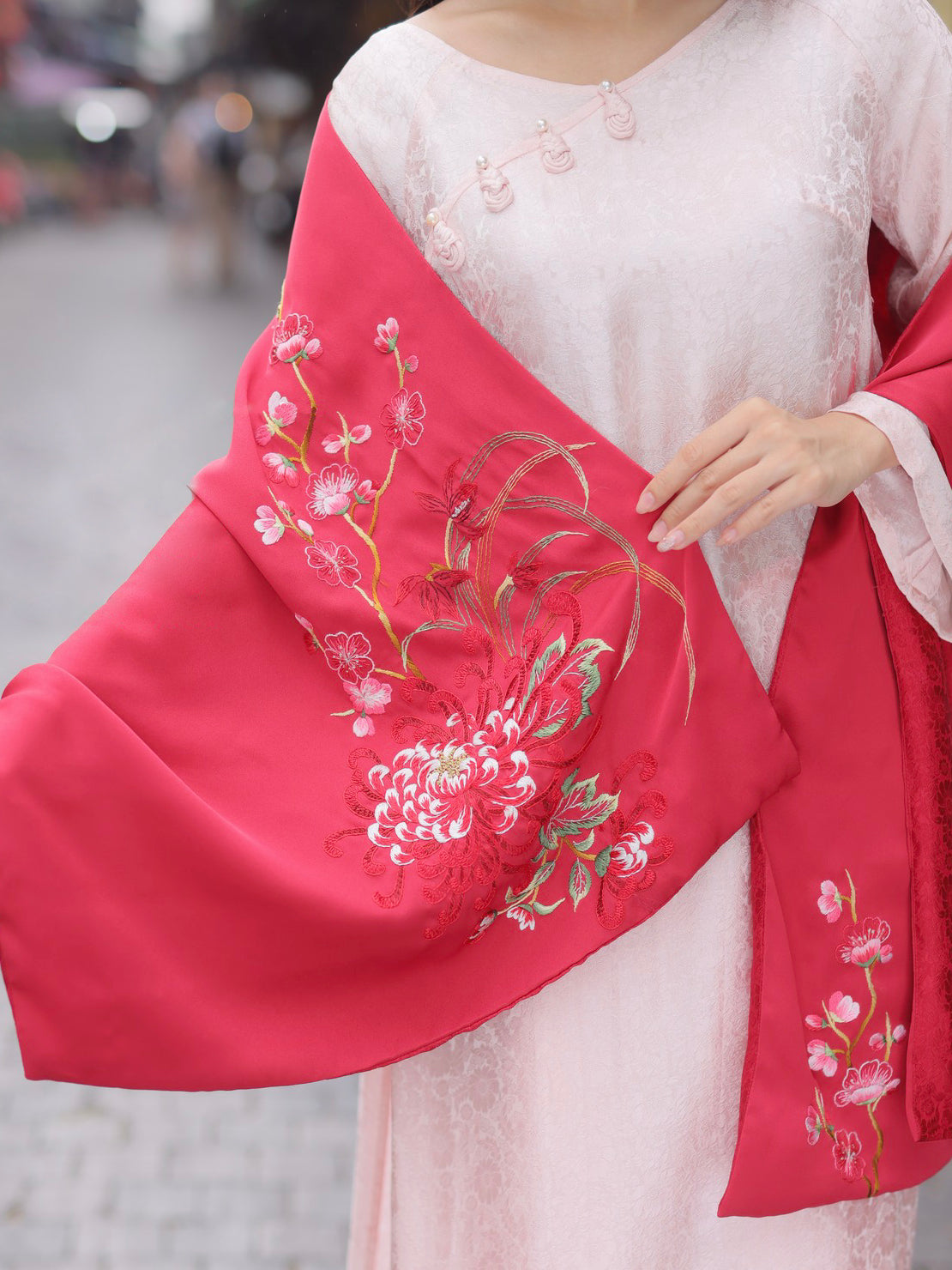 The chrysanthemum hand embroidered silk scarf