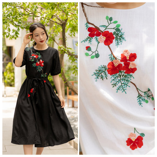 The phoenix flower embroidered linen dresses