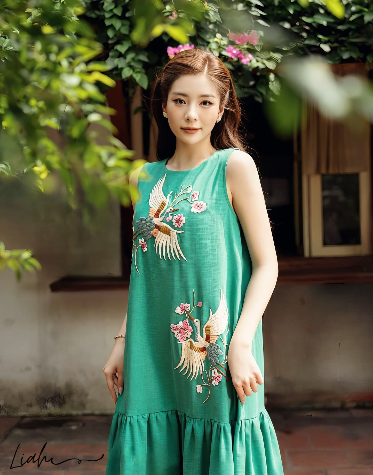 The crane bird and floral embroidered linen dress