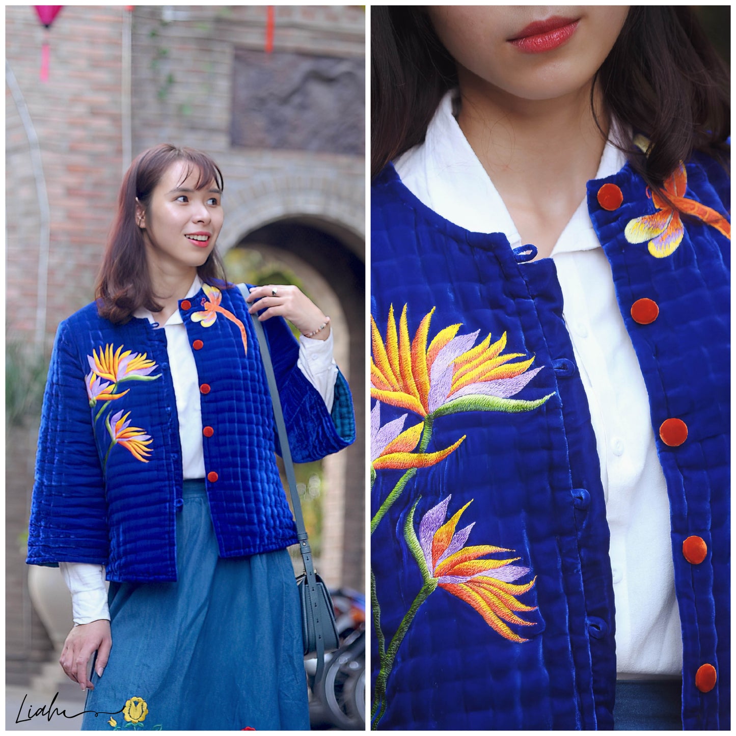 The bird of paradise flower and dragonfly embroidered velvet quilted jacket