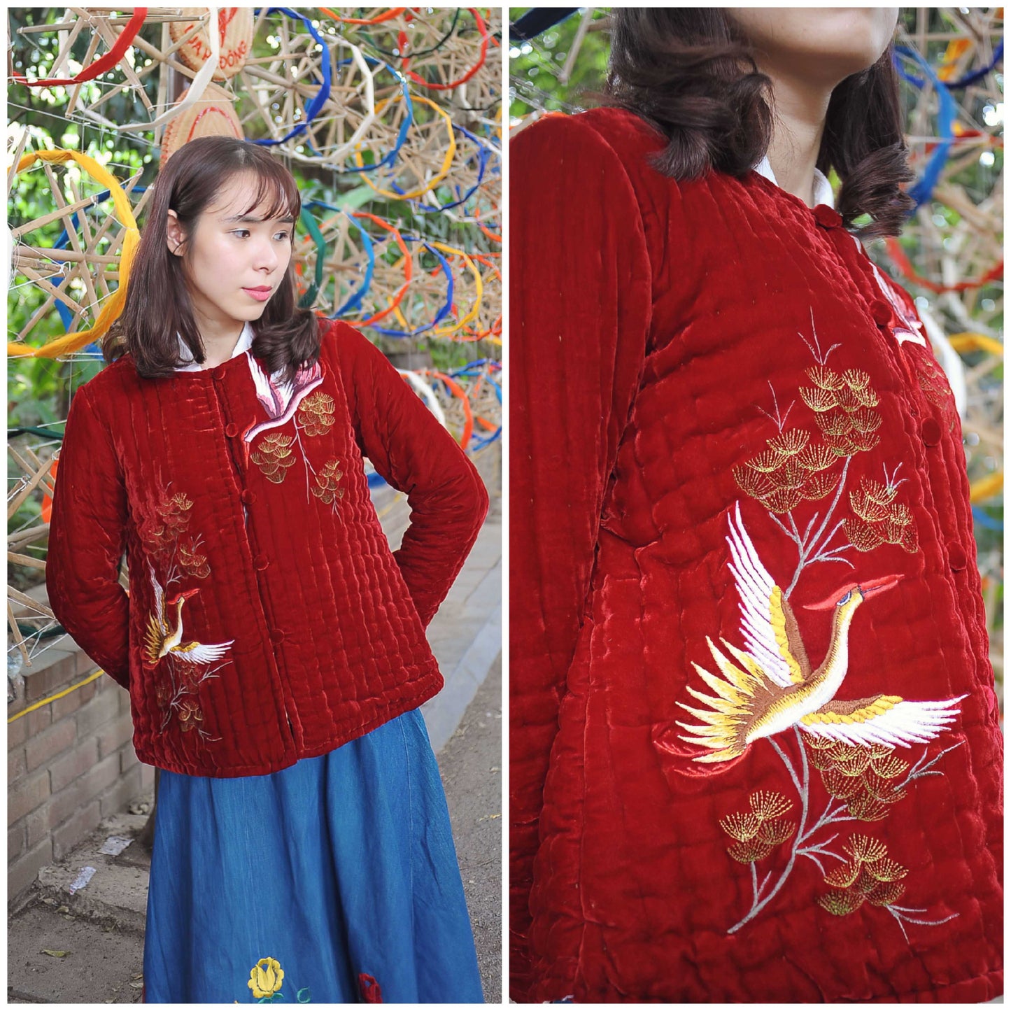 The crane bird embroidered velvet quilted jacket