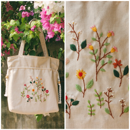 Hand-embroidered cream beige powder linen drawstring tote bag