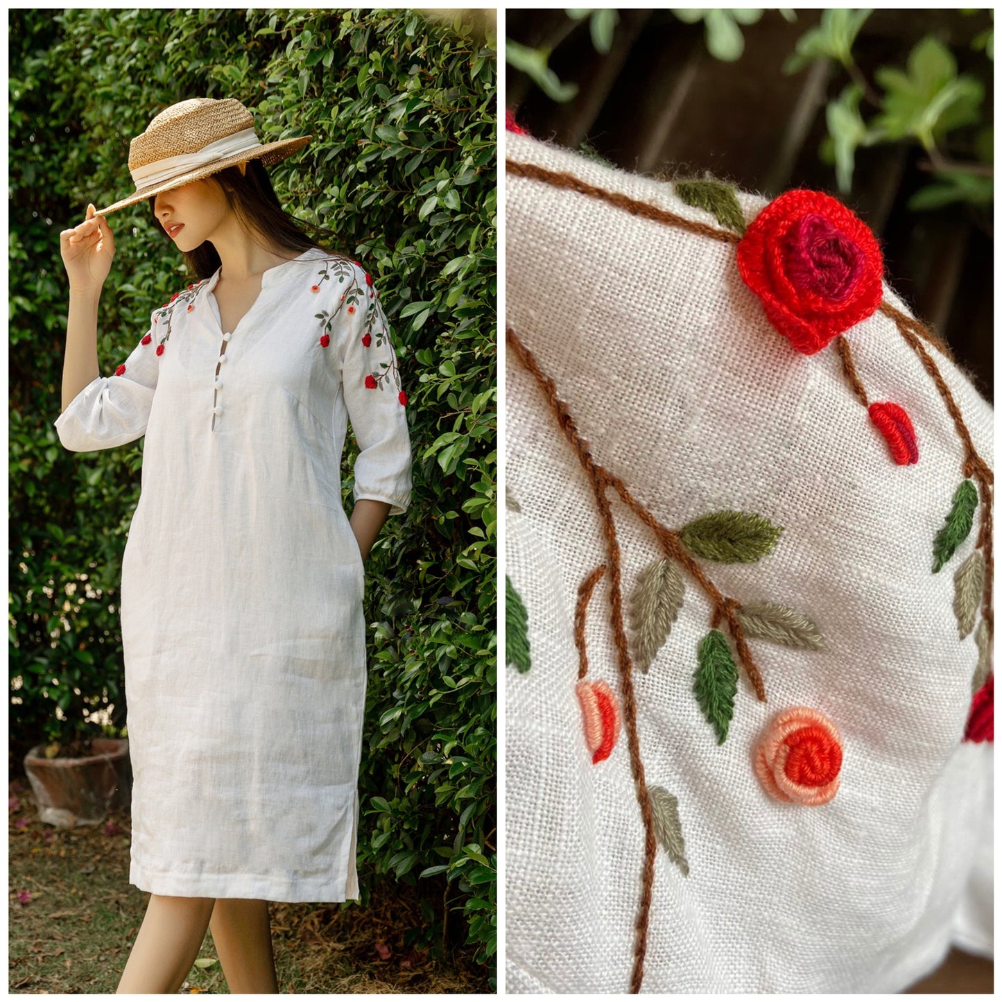 The red rose embroidered linen dresses