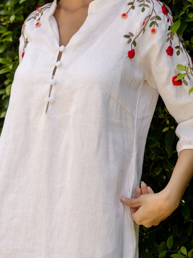 The red rose embroidered linen dresses