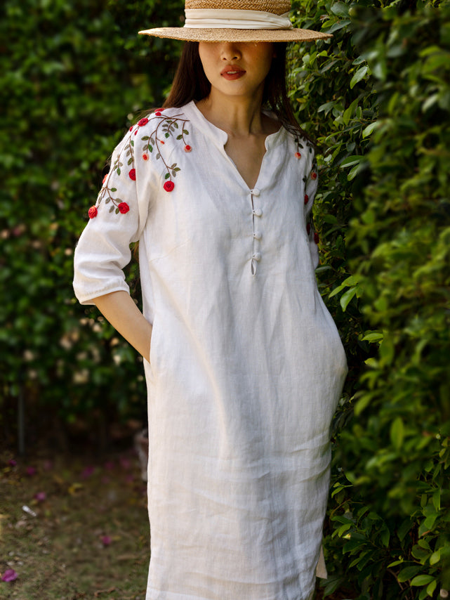 The red rose embroidered linen dresses