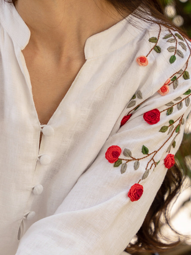 The red rose embroidered linen dresses