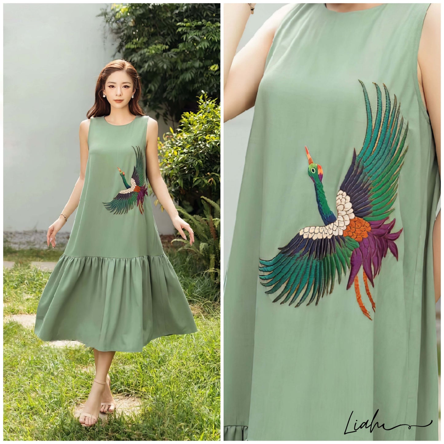 The crane bird embroidered linen dress