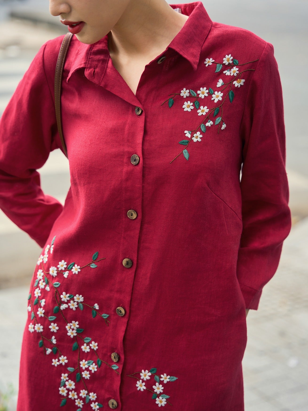 The chrysanthemums flower embroidered linen dresses