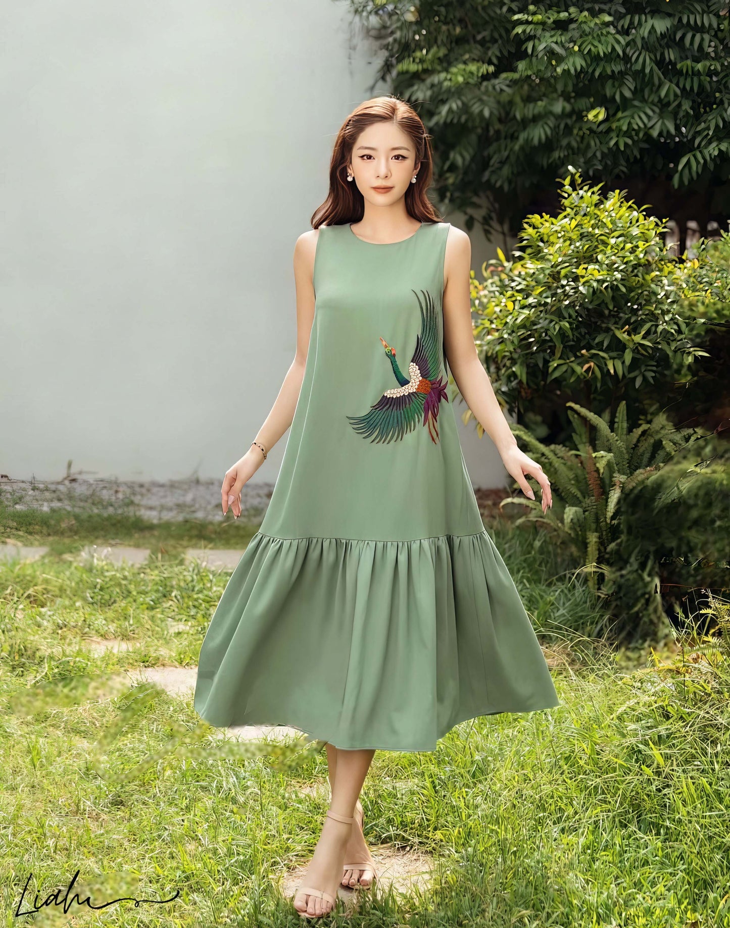 The crane bird embroidered linen dress