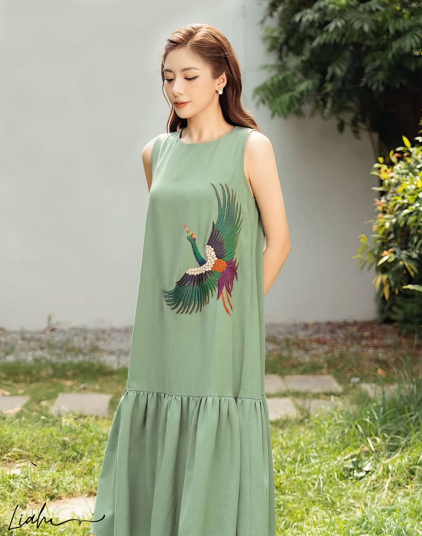 The crane bird embroidered linen dress