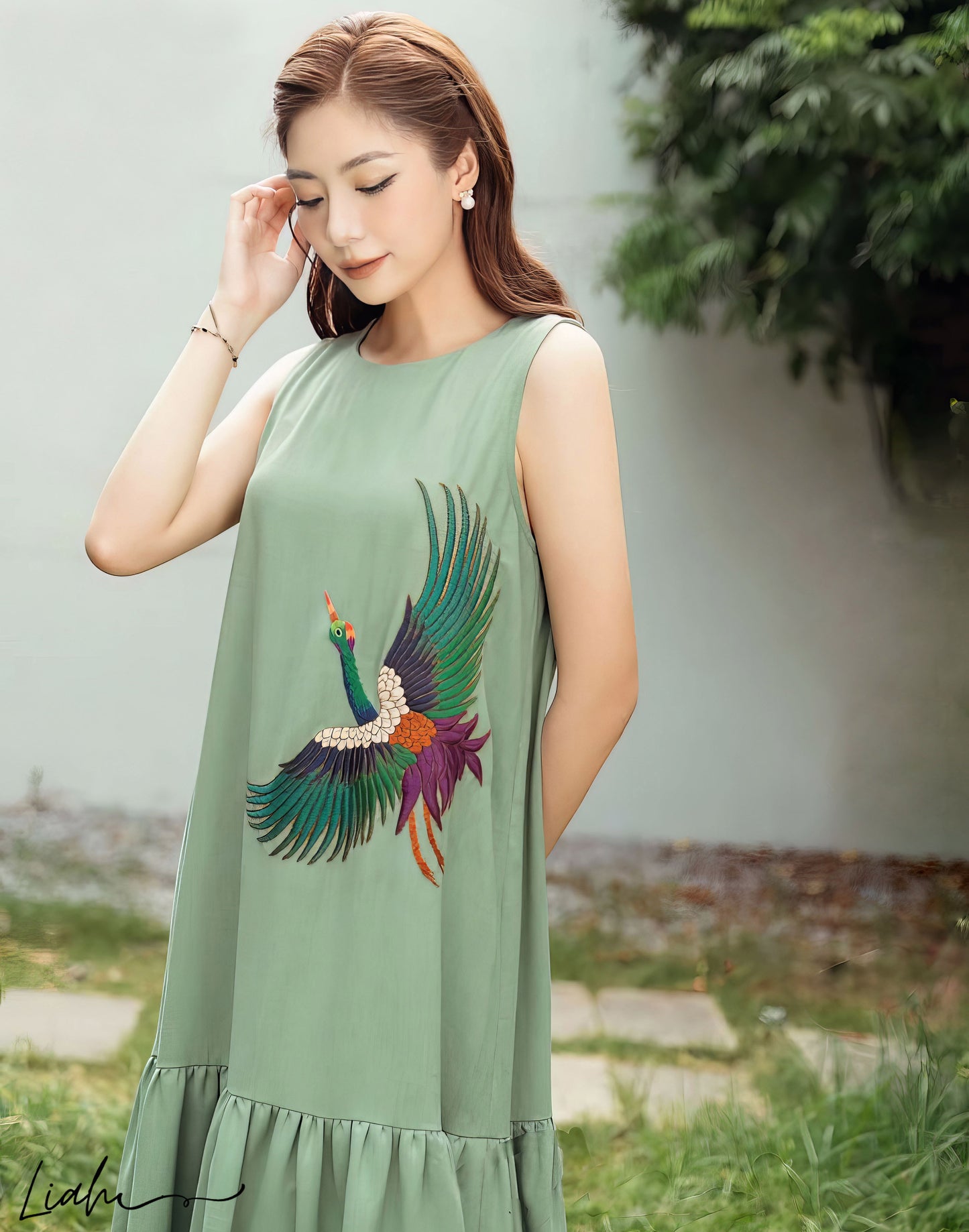 The crane bird embroidered linen dress