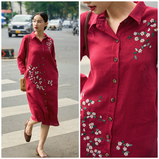 The chrysanthemums flower embroidered linen dresses