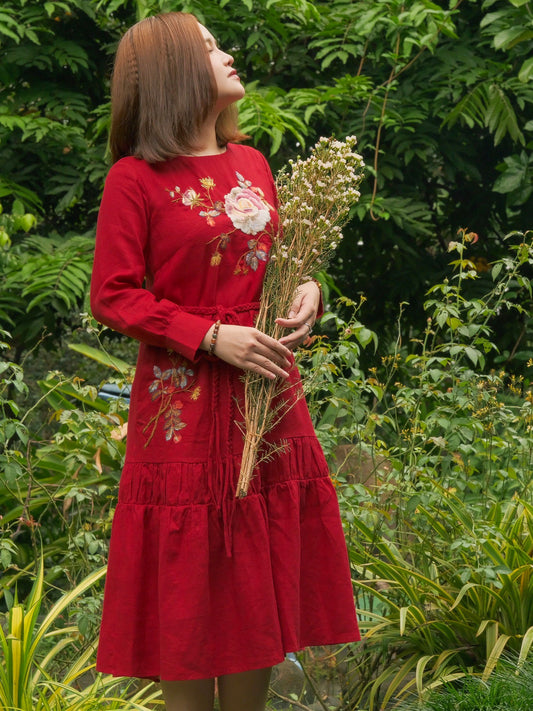 The roses embroidered linen dresses