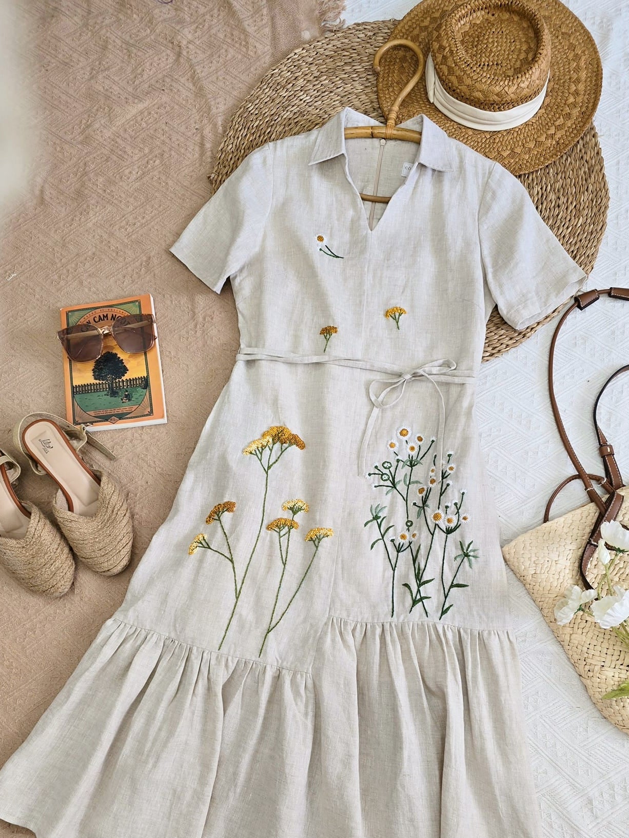 The dandelion flower hand- embroidered linen dress