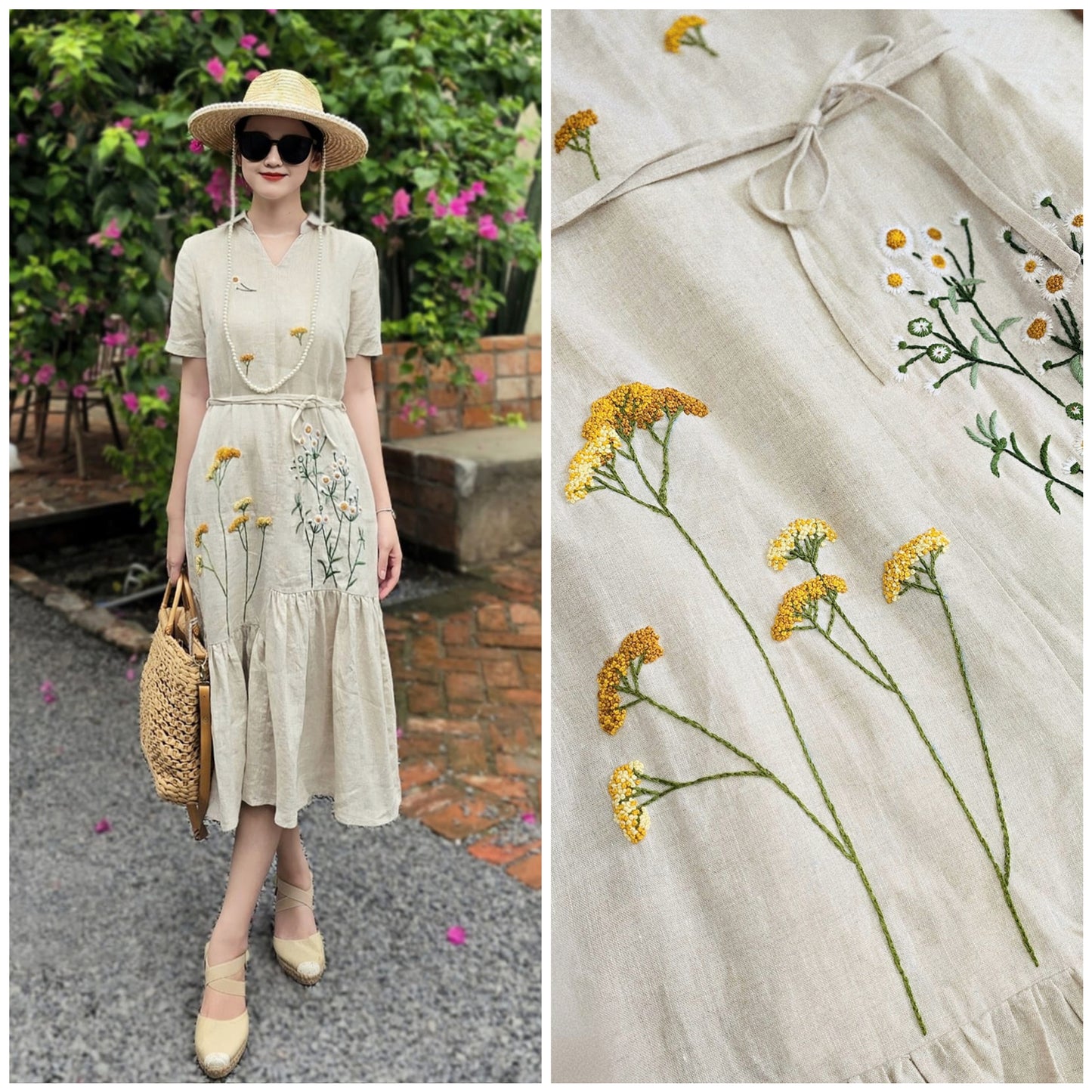 The dandelion flower hand- embroidered linen dress