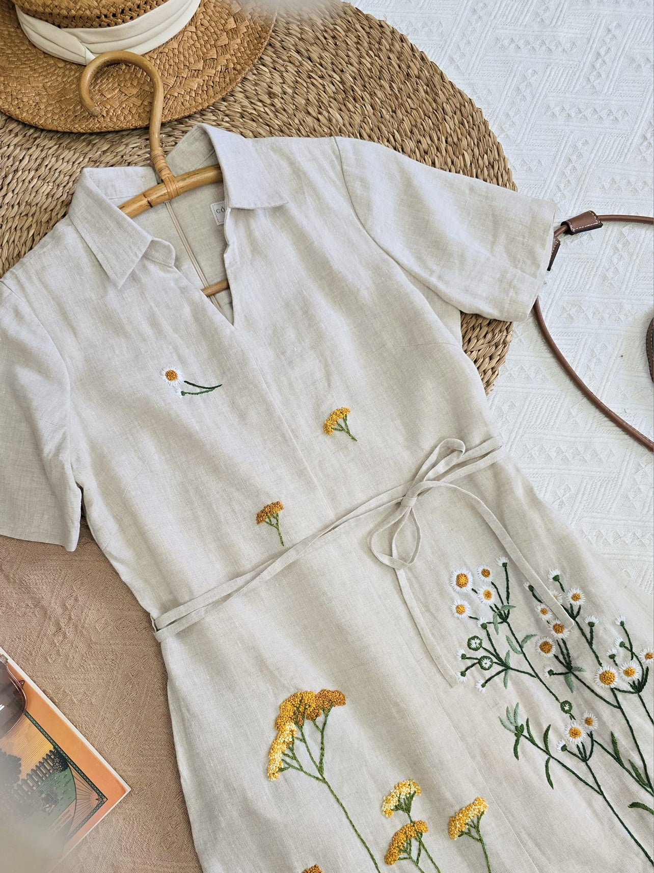 The dandelion flower hand- embroidered linen dress