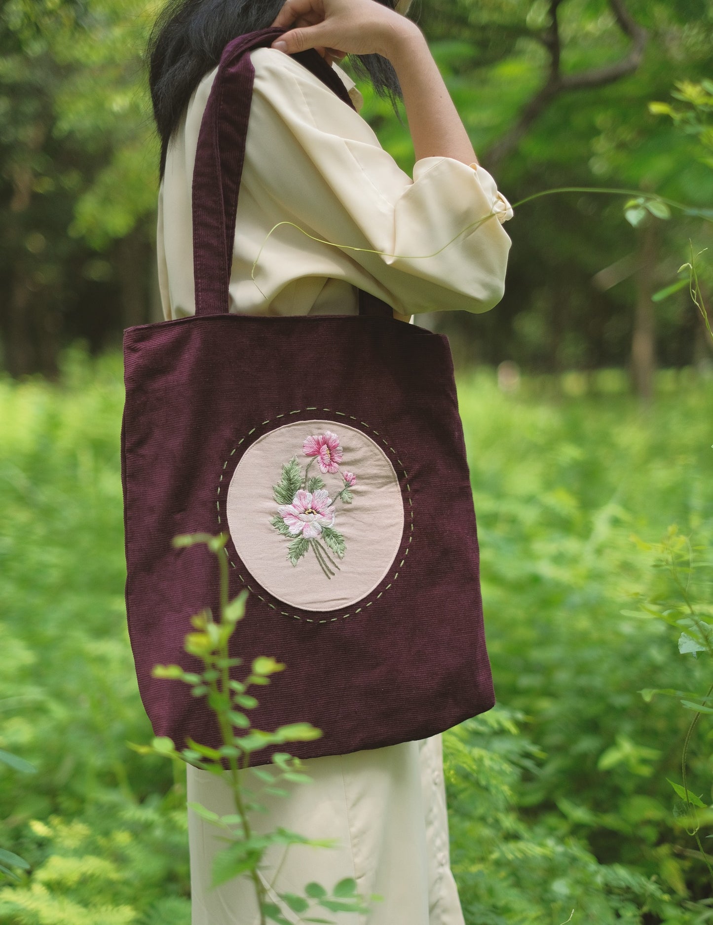 Moon Flower hand-embroidered velvet bag