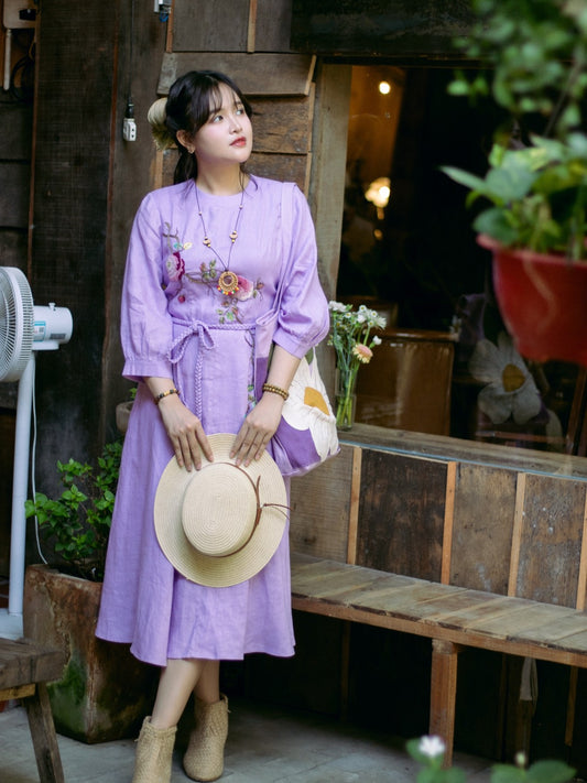 The floral embroidered pure linen dress