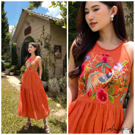 The flower and rooster embroidered linen dresses