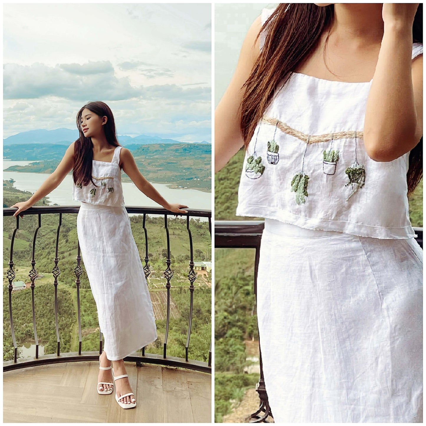 The plant embroidered linen outfit