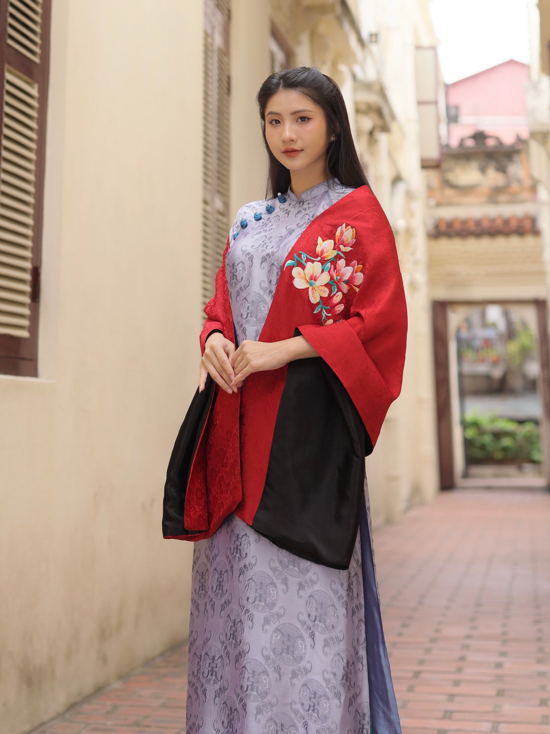 The floral hand embroidered silk scarf