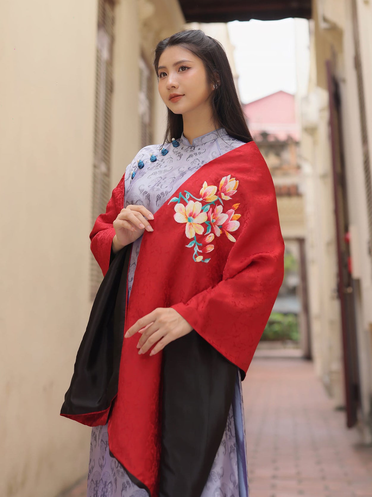 The floral hand embroidered silk scarf