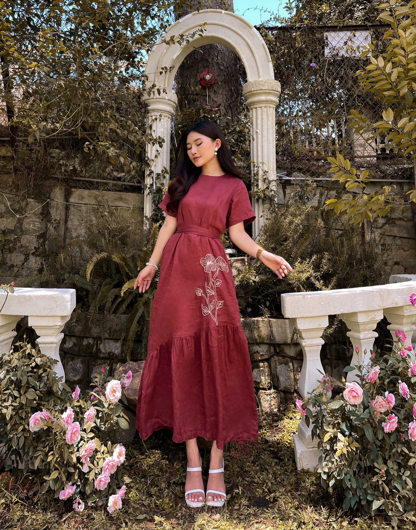 Floral embroidered linen dress