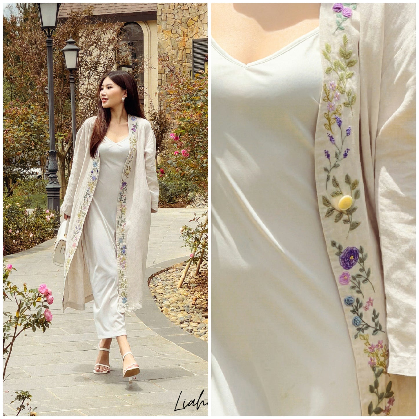 The floral and leaves embroidered linen coat