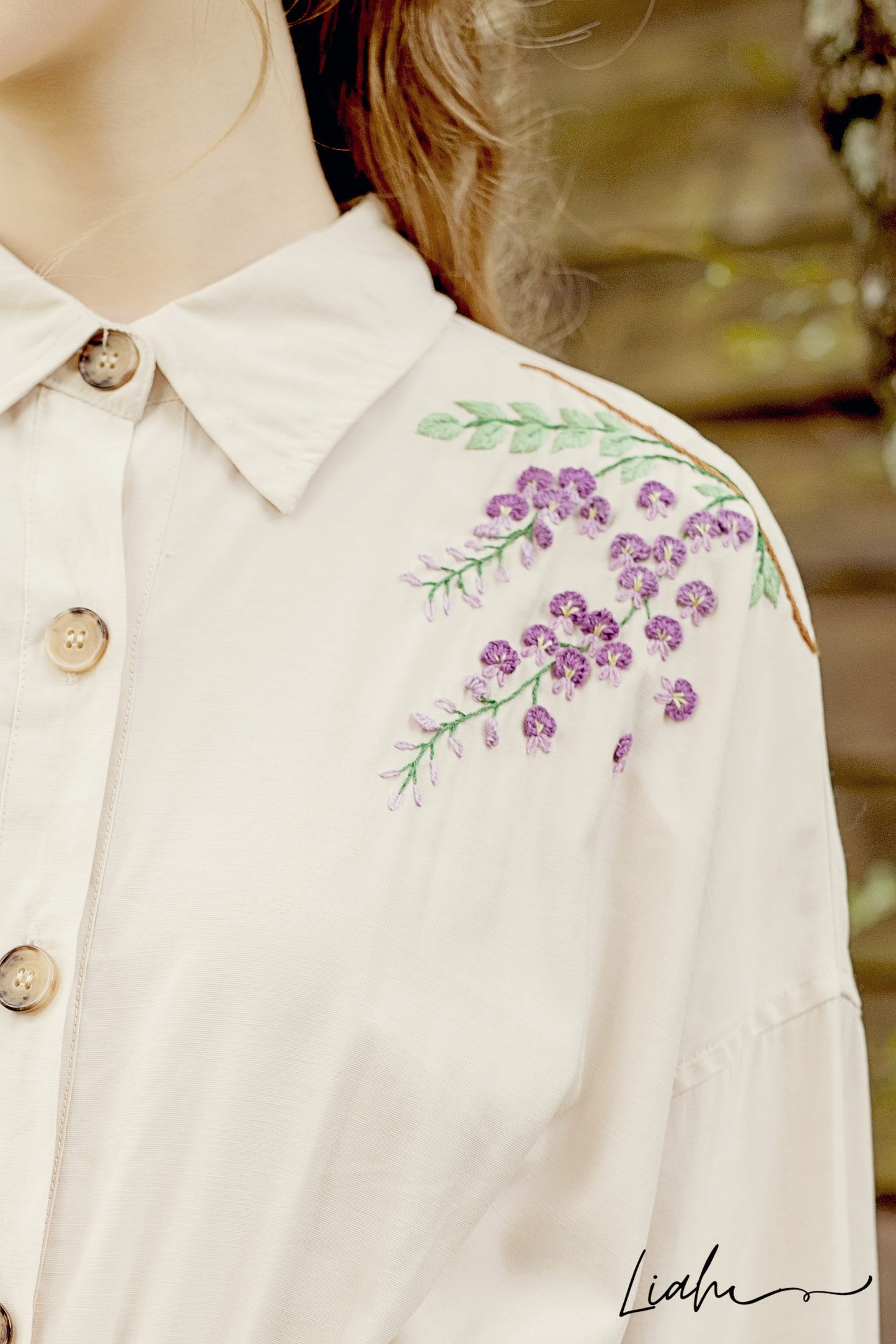 The purple wisteria embroidered cotton dress